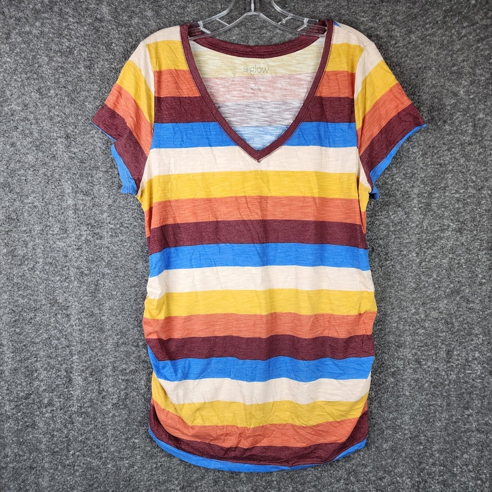 a:glow Maternity Top Women Large Multicolor Striped Ruched V-Neck Slub Knit